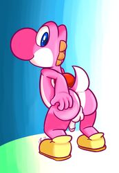 2017 anthro anus ass balls blue_eyes butt_grab clothing footwear genitals half-erect hand_on_butt humanoid_genitalia humanoid_penis looking_at_viewer looking_back male male_only mario_(series) nintendo penis perineum pink_yoshi shoes smile solo ultilix video_games yoshi