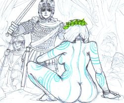 1boy 1boy1girl 1girls 2024 anonhistory back_to_viewer back_view background_character big_ass bodypaint celtic celtic_tattoos cmnf completely_nude_female cursed_centurion_(anonhistory) female laurel_crown male male/female pictish_witch_(anonhistory) roman sitting