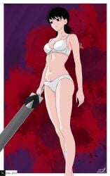 background black_hair blood bra chainsaw_man mitaka_asa pale_skin panties signature sword tim_heyderich twitter_username underwear white_bra white_panties white_underwear yoru_(chainsaw_man)
