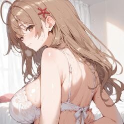 ai_generated back_view backboob bra brown_eyes brown_hair gigantic_breasts huge_bra huge_breasts light-skinned_female light_skin long_hair looking_back maria_mikhailovna_kujou massive_breasts solo_female squatting sweat sweatdrop tokidoki_bosotto_russian_de_dereru_tonari_no_alya-san voluptuous voluptuous_female yomu