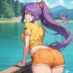 1girl 1girls ai_generated ass ass_focus booty brazilian female female_only huge_ass huge_butt iara_(tdm) lake looking_at_viewer looking_back looking_back_at_viewer mountain nature_background orange_shorts ponytail purple_hair shorts smile smiling smiling_at_viewer thick_thighs tree turma_da_monica turma_da_monica_jovem water yellow_shirt