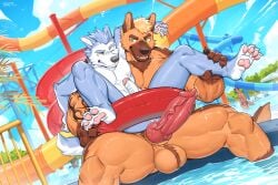 2boys 5_fingers alternate_version_available amusement_park animal_genitalia animal_penis anthro anthro_on_anthro anus balls bard_(canyne_khai) big_penis biped brown_dog_(canyne_khai) canid canine canine_genitalia canine_penis canis canyne_khai claws countershade_face countershade_feet countershade_fur countershade_tail countershade_torso countershading domestic_dog duo_focus erection eyebrows feet fingers fur gay genitals german_shepherd glans group herding_dog humanoid_genitalia humanoid_penis inflatable inner_tube knot male male/male male_only mammal muscular muscular_anthro muscular_male one_eye_closed partially_submerged pastoral_dog pawpads penis pink_pawpads public public_nudity tail vein veiny_penis water water_park wolf yellow_eyes