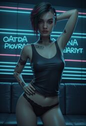 ai_generated angel_light angel_light_(artist) brown_eyes cd_projekt_red cyberpunk_2077 female judy_alvarez multicolored_hair nipples_visible_through_clothing panties