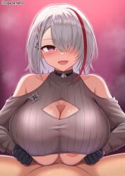 1boy :d azur_lane bare_shoulders black_gloves blush breasts breasts_squeezed_together cleavage cleavage_cutout clothed_female_nude_male clothing_cutout duisburg_(azur_lane) excited female gloves hair_over_one_eye half-closed_eyes highres large_breasts large_penis medium_hair multicolored_hair nagaotama nipple_slip nipples no_bra nude paizuri paizuri_under_clothes penis pov purple_eyes red_hair smile solo_focus straight streaked_hair underboob upper_body white_hair