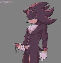 abs absurd_res anthro balls bodily_fluids chest_tuft genital_fluids genitals hi_res male masturbation pecs penis precum pubes sega shadow_the_hedgehog solo sonic_the_hedgehog_(series) tuft uglyskeleton