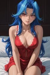 absurd_res ai_generated babydoll bed blue_hair blush cleavage dress earrings faxtron female female huge_breasts jewelry kamishiro_rio lipstick long_hair looking_at_viewer mature_body pillow red_dress red_eyes rio_kamishiro seductive seductive_look sitting smile solo underwear yu-gi-oh! yu-gi-oh!_zexal