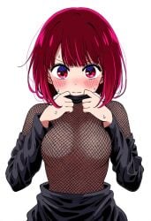 ai_assisted ai_generated arima_kana black_skirt blush bodysuit breasts closed_mouth clothes_lift detached_sleeves embarrassed fishnet_bodysuit fishnet_top fishnets jei_games lifted_by_self medium_breasts no_bra oshi_no_ko red_eyes red_hair short_hair skirt sweat sweatdrop