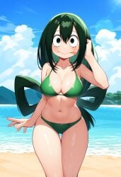 ai_generated bangs beach big_breasts bikini boku_no_hero_academia breasts cleavage female female_focus female_only froppy girls green_bikini green_bikini_bottom green_bikini_top green_clothing green_eyes green_hair keinovelnovelai large_breasts long_hair my_hero_academia smile solo thighs tied_hair tongue tongue_out tsuyu_asui