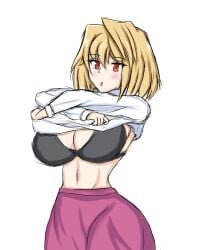 1girls ahoge arcueid_brunestud big_breasts blonde_hair bra breasts breasts_bigger_than_head enormous_breasts female huge_breasts kitsunemobo large_breasts melty_blood navel red_eyes short_hair simple_background stripping sweater sweater_lift tsukihime turtleneck_sweater
