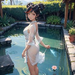 ai_generated back_view brown_hair dress genshin_impact lake lilly looking_at_viewer smiling transparent_clothing water xinyan_(genshin_impact)