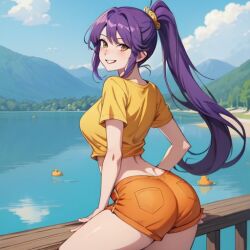 1girls ai_generated anime_style ass back back_view backside big_ass big_butt brazilian clothed clothing female female_only hand_on_leg hands_on_legs iara_(tdm) lake long_hair looking_at_viewer looking_back looking_back_at_viewer monica's_gang mountain nature_background orange_shorts ponytail purple_hair shorts smile smiley_face smiling smiling_at_viewer solo solo_female teen teenage_girl teenager thick_thighs turma_da_monica turma_da_monica_jovem wide_hips yellow_shirt