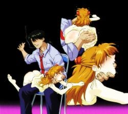 amondetauro anus ass barefoot black_hair blue_shirt blush dress highres imminent_spanking necktie neon_genesis_evangelion orange_hair pussy ryoji_kaji shirt slap_mark smoking souryuu_asuka_langley spanked spanking yellow_dress