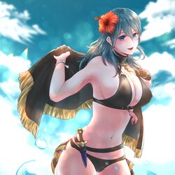 :d armpits bangs bare_shoulders bikini black_bikini black_capelet black_swimsuit blue_eyes blue_hair blue_sky blush breasts byleth_(fire_emblem) byleth_(fire_emblem)_(female) byleth_(summer)_(fire_emblem)_(female) cape capelet cleavage cloud commentary_request covered_nipples cowboy_shot dagger day eyebrows_visible_through_hair female fire_emblem fire_emblem:_three_houses fire_emblem_heroes flower hair_between_eyes hair_flower hair_ornament highres holding holding_cape large_breasts long_hair looking_at_viewer midriff navel nintendo open_mouth ribbon sheath sheathed sidelocks signature sky smile solo standing swimsuit thigh_gap water_drop weapon wrist_ribbon yori_(a_a_yori)