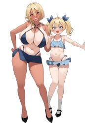 2girls age_difference ahoge ai_generated bikini flat_chest huge_breasts micro_bikini microskirt mother_and_daughter ribbons shoes smile tanline twintails