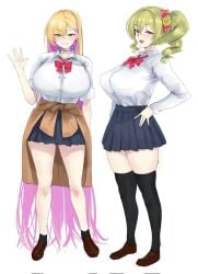 2female 2girls berserkert berserkertr19 big_breasts black_legwear black_socks black_thigh_highs black_thigh_socks black_thighhighs blonde_female blonde_hair boryeon_(last_origin) bowtie bowtie_on_head bowties erato_(last_origin) fitted_shirt green_hair gyaru gyaru_gal high_thights large_breasts large_hair last_origin legwear red_bowtie school_uniform schoolgirl shirt short_hair short_skirt short_socks sweater_around_waist thigh_highs thigh_socks thighhighs thight_clothing thight_shirt uniform white_shirt