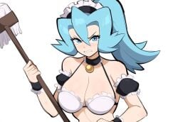 ai_generated angry blue_hair blush breasts clair_(pokemon) cleaning defeat defeated female looking_at_viewer maid maid_bikini maid_headdress maid_uniform medium_breasts mop mullon novelai pokemon pokemon_hgss