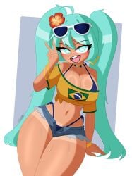 1girls ass aviyne big_ass big_breasts big_thighs bikini brazil brazilian brazilian_female brazilian_miku breasts butt cyan_eyes cyan_hair female female_only hatsune_miku huge_ass huge_thighs latin_american_hatsune_miku_(meme) long_hair looking_at_viewer shirt shorts solo tagme tan tan_body thick_hips thick_thighs thighs twintails vocaloid yellow_shirt