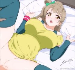 1boy absurdres alterrealzero blush breasts brown_hair female green_ribbons green_sleeves green_thighhighs hair_ornament hair_ribbon highres large_breasts long_hair looking_at_viewer love_live! minami_kotori off-shoulder_shirt off_shoulder on_bed open_mouth original pillow pussy pussy_peek ribbon shirt solo_focus spread_legs thighhighs yellow_eyes yellow_shirt