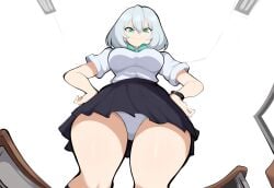 ai_generated curvy from_below hourglass_figure large_breasts low-angle_view mullon novelai panties school_uniform schoolgirl solo tejina_senpai tejina_senpai_(character) thick_thighs white_hair