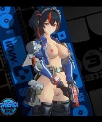 big_breasts black_hair naked_female nipples nude_female policewoman pussy red_strand_of_hair weapons zhu_yuan