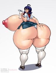 1girls ass_bigger_than_head ass_bigger_than_skirt ass_bigger_than_torso breasts_bigger_than_head breasts_bigger_than_torso bursting_breasts bursting_butt enormous_ass enormous_breasts exposed_breasts gutsumi hyper hyper_ass hyper_breasts looking_at_viewer looking_back short_hair sinking_grip solo_female tagme water_bottle