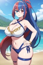 1female 1girls ai_generated alear_(female)_(fire_emblem) alear_(female)_(seaside_dragon)_(fire_emblem) alear_(fire_emblem) big_breasts big_thighs bikini blue_eye blue_hair blue_thong busty cleavage female fire_emblem fire_emblem_engage fire_emblem_heroes hand_on_chest hand_on_hip heterochromia huge_breasts pixai ponytail red_eye red_hair seductive seductive_look seductive_smile self_upload smile thick_thighs thigh_strap thong thong_bikini thong_swimsuit two_tone_hair wide_hips wristband