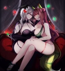 2girls animal_ears black_nails blush breasts brown_hair butterflies cleavage clothed clothing duo fox_ears fox_girl fox_tail grey_hair head_wings huge_breasts indie_virtual_youtuber light-skinned_female light_skin likesac monster_girl necklace skarlet_(dangerskarlet) vampire vampire_girl virtual_youtuber waifi_(vtwaifu) wings yuri