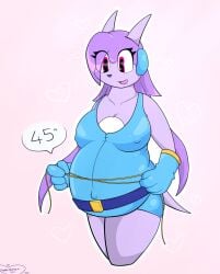 anthro aquatic_dragon belly_button belly_button_visible_through_clothing belt big_belly big_breasts blue_gloves blue_jumpsuit colored dragon female freedom_planet fuzzle-buttz gloves hair hair_over_one_eye happy hearing_aid heart horns jumpsuit long_hair measuring_tape measuring_waist nipples nipples_visible_through_clothing outie outie_navel pink_background pink_eyes ponytail pregnant pregnant_belly pregnant_female purple_hair purple_skin sash_lilac smile smiling sole_female solid_color_background tail white_belly