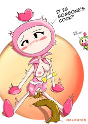 1girls big_sister blaxter blush bomberman bomberman_(series) breasts breasts_out bulge cross-eyed cum cum_in_pussy cum_inside female green_bomber nipples pink_bomber pussy sex vaginal_penetration