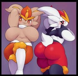 2girls alternate_color animal_ears anthro anthrofied armpits ass ass_focus black_border breasts brown_fur bunny_ears bunny_tail chubby cinderace embarrassed eye_contact feet female furry half-closed_eyes huge_ass huge_breasts looking_at_viewer multiple_girls nintendo oasis_(magnitude711) original_character pokémon_(species) pokemon pokemon_(species) pokemon_ss pose sagging_breasts shiny_pokemon tail thick_thighs white_fur white_legwear wide_hips