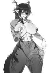 1futa abs areola areolae big_breasts big_penis black_and_white blush blushing busty curves curvy fit fit_futanari futa_only futanari grin grinning horns huge_breasts huge_cock hung hung_futanari knife_ears large_breasts large_penis monochrome otik pointy_ears sharp_horn smirk smirking tail thick thighs thin_waist