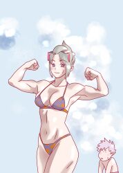 1boy 1girls benrinnes_maiko bikini blonde_hair cleavage facial_scar female female_focus flexing gintama gintoki_sakata hair_ornament medium_breasts muscular muscular_female pale-skinned_female pale_skin purple_eyes solo_focus tied_hair tsukuyo updo