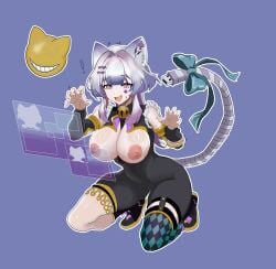 bell cat_ears caught_in_the_act duel_monster facial_marking female holographic_interface large_breasts maliss maliss_p_cheshire_cat more_at_source mostly_clothed sweatdrop tagme_(artist) thick_thighs two_tone_hair unusual_tail yu-gi-oh!