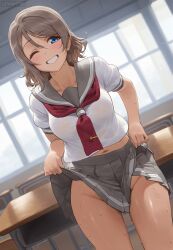 1girls ai_generated blue_eyes brown_hair female levia9781 love_live! love_live!_sunshine!! school_uniform serafuku short_hair skirt thighs upskirt watanabe_you