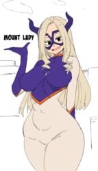 1girls big_ass big_breasts blonde_hair bodysuit coffing_(artist) giantess hero_outfit_(mha) huge_breasts long_hair mask mount_lady my_hero_academia open_mouth yuu_takeyama