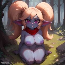 1girls ai_generated big_ass big_breasts big_butt big_thighs biting_lip blonde_hair blue_skin blush forest fur league_of_legends league_of_legends:_wild_rift mudoart pointy_ears ponytail poppy purple_eyes red_scarf riot_games slit_pupils solo yordle