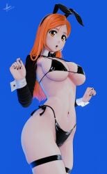 1girls 3d big_breasts bikini bikini_bottom bikini_top black_bikini black_bunny_ears black_nail_polish black_nails bleach blue_background bottomwear breasts bunny_ears cleavage female female_only hair hips huge_breasts inoue_orihime kleymir latex legwear long_hair nail_polish nails neckwear orange_eyes orange_hair reverse_bunnysuit solo solo_female swimwear thigh_strap thighs topwear wide_hips