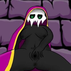 absolutely_garbage anus background black_skin blush breasts cloak dehroma enid(necromerger) female green_eyes necromerger pussy skull spread_legs spread_pussy video_games