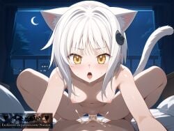 1boy absurdres ai_generated animal_ears blush breasts cat_ears cat_girl cat_hair_ornament cat_tail completely_nude cowgirl_position crescent_moon cum cum_in_pussy female hair_ornament high_school_dxd highres hyoudou_issei koneko_toujou looking_at_viewer moon navel night night_sky nipples niraniri nude open_mouth penis pov pubic_hair pussy sex short_hair sky small_breasts solo_focus spread_legs squatting_cowgirl_position straddling straight sweat tail tongue toujou_koneko vaginal_penetration white_hair yellow_eyes