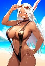 abs ai_generated animal_ears big_breasts bikini boku_no_hero_academia breasts cleavage collarbone dark-skinned_female dark_skin exposed_shoulders female high_resolution highres huge_breasts keinovelnovelai large_breasts long_hair looking_at_viewer mature_female midriff milf mirko miruko muscle_girl muscle_mommy muscles muscular muscular_female my_hero_academia red_eyes revealing_clothes rumi_usagiyama shonen_jump sling_bikini smile tight_clothing white white_bikini white_hair