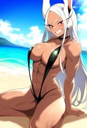 abs ai_generated animal_ears big_breasts bikini boku_no_hero_academia breasts cleavage collarbone dark-skinned_female dark_skin exposed_shoulders female high_resolution highres huge_breasts keinovelnovelai large_breasts long_hair looking_at_viewer mature_female midriff milf mirko miruko muscle_girl muscle_mommy muscles muscular muscular_female my_hero_academia red_eyes revealing_clothes rumi_usagiyama shonen_jump sling_bikini smile tight_clothing white white_bikini white_hair