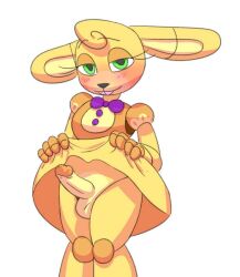 animatronic blush bowtie clothing clothing_lift dick dickgirl female five_nights_at_freddy's flashing futa_only futanari green_eyes looking_at_viewer machine rabbit robot skirt skirt_lift solo spring_bonnie spring_bonnie_(fnaf) standing