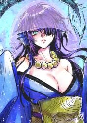 bead_necklace cleavage cross_guilty ear_fins eye_patch female female_only genderswap_(mtf) gintama green_eyes kimono long_hair looking_at_viewer merfolk mermaid necklace official_alternate_costume purple_hair rule_63 slit_pupils solo takasugi_shinsuke upper_body veil youkai