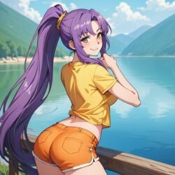 1girls ai_generated ass ass brazilian clothed clothing female female female_only iara_(tdm) lake looking_at_viewer looking_back looking_back_at_viewer mountain nature_background orange_shorts ponytail purple_hair shorts solo turma_da_monica turma_da_monica_jovem yellow_shirt