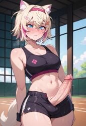 1futa ai_generated altra_x blonde_hair blue_eyes cat_ears futanari hololive hololive_english mococo_abyssgard multicolored_hair penis precum shorts shy sports_bra unzipped_shorts virtual_youtuber