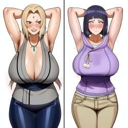 2girls ai_generated armpit_hair arms_behind_head arms_up arrogant big_breasts black_hair blonde_hair body_comparison breast_comparison breast_size_difference breasts_bigger_than_head cleavage clothed comparing comparing_breasts comparison confident confident_female hairy_armpits hands_behind_head huge_breasts hyuuga_hinata mature_female overweight overweight_female red_lipstick showing_off shy_expression shy_smile side_by_side smug smug_grin split_screen straight-on take_your_pick teacher_and_student toned toned_female tsunade