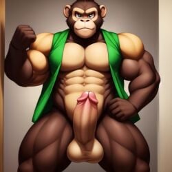 1boy ai_generated animatronic anthro balls brown_fur chester_(fnac) chimpanzee fazbear_fanverse five_nights_at_candy's fnaf frosting.ai furry gay green_vest male_only mammal mexican mexican_male muscular muscular_male penis sugar1989