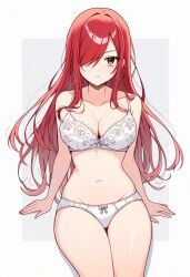 ai_assisted ai_generated bare_arms bare_belly bare_legs bare_shoulders bare_thighs belly_button big_breasts blush bra breasts brown_eyes cleavage closed_mouth collarbone erza_scarlet fairy_tail groin hair_over_one_eye jei_games lace-trimmed_bra lace-trimmed_panties long_hair panties red_hair shiny_skin sitting thighs underwear underwear_only white_bra white_panties white_underwear