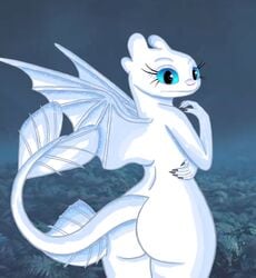 5_fingers anthro ass blue_eyes dragon dragoness how_to_train_your_dragon light_fury nubless tail white_dragon wings