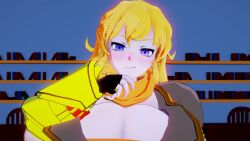 1girls blonde_female blonde_hair blush cleavage licking_lips long_hair long_hair_female purple_eyes rwby solo_female stormstriker yang_xiao_long